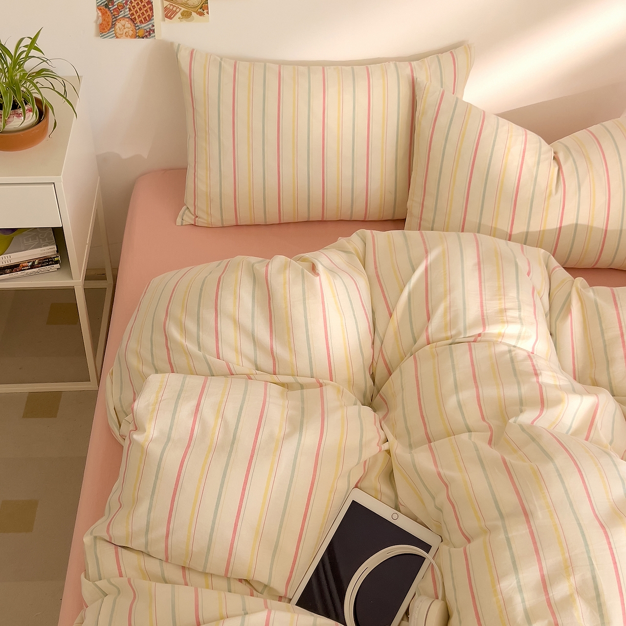 91家纺网 家纺一手货源 找家纺 DoDo 兜兜 2026新款全棉纯棉A类条格水洗棉四件套-可定做尺寸 且乐-粉