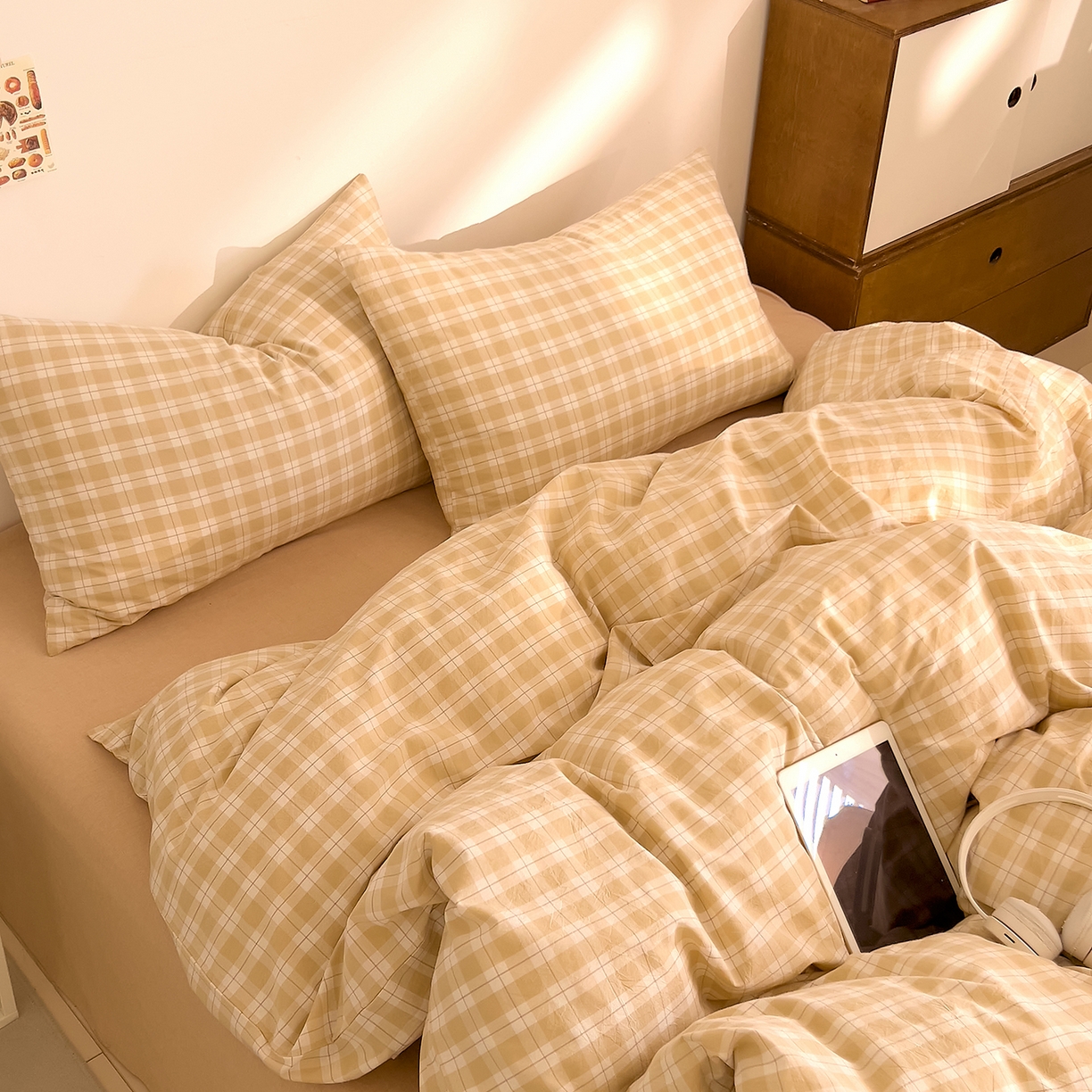 DoDo 兜兜 2026新款全棉纯棉A类条格水洗棉四件套-可定做尺寸 半棠-卡其