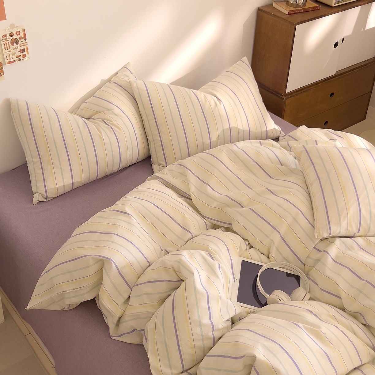 91家纺网 家纺一手货源 找家纺 DoDo 兜兜 2026新款全棉纯棉A类条格水洗棉四件套-可定做尺寸 且乐-紫