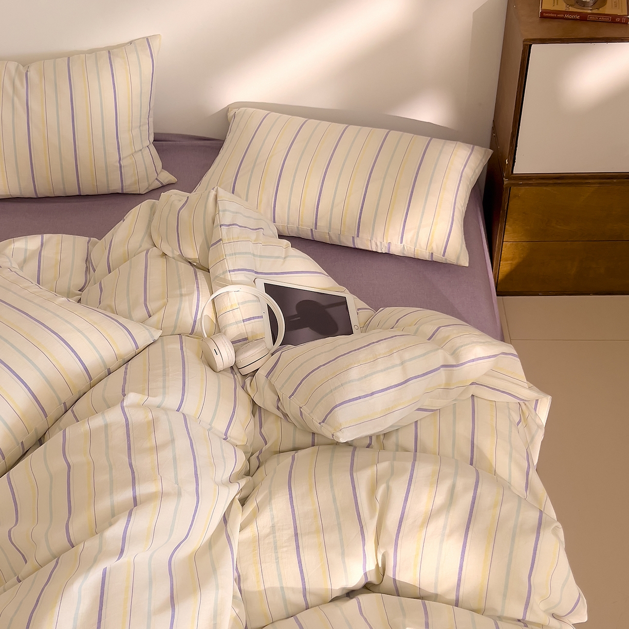 91家纺网 家纺一手货源 找家纺 DoDo 兜兜 2026新款全棉纯棉A类条格水洗棉四件套-可定做尺寸 且乐-紫