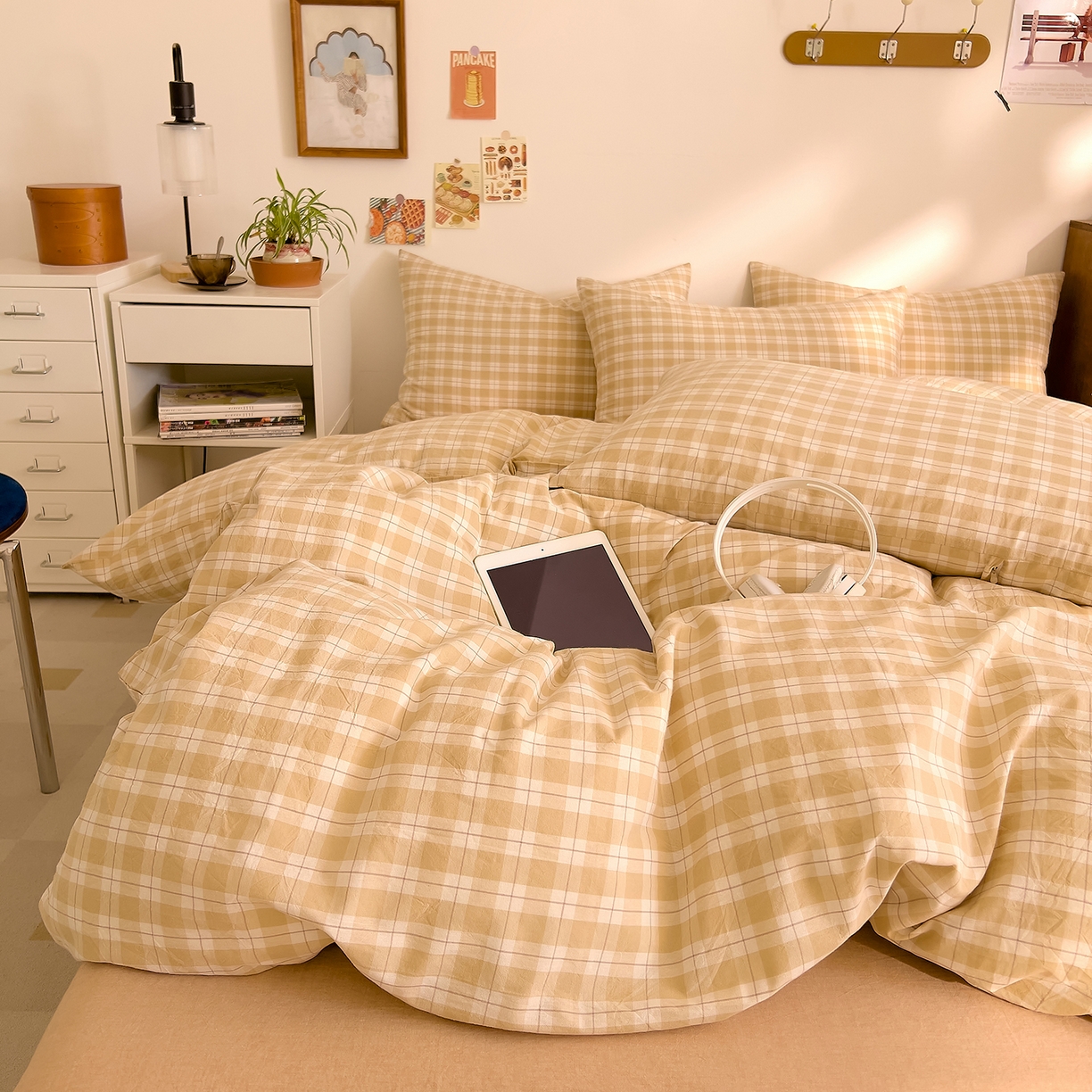 91家纺网 家纺一手货源 找家纺 DoDo 兜兜 2026新款全棉纯棉A类条格水洗棉四件套-可定做尺寸 半棠-卡其