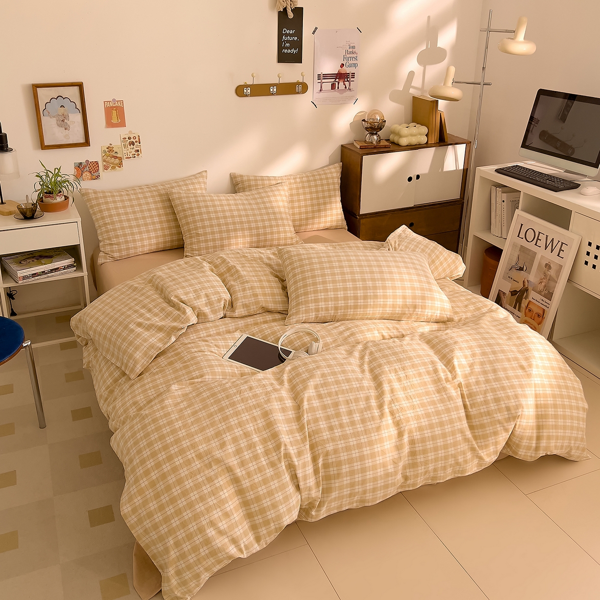 91家纺网 家纺一手货源 找家纺 DoDo 兜兜 2026新款全棉纯棉A类条格水洗棉四件套-可定做尺寸 半棠-卡其