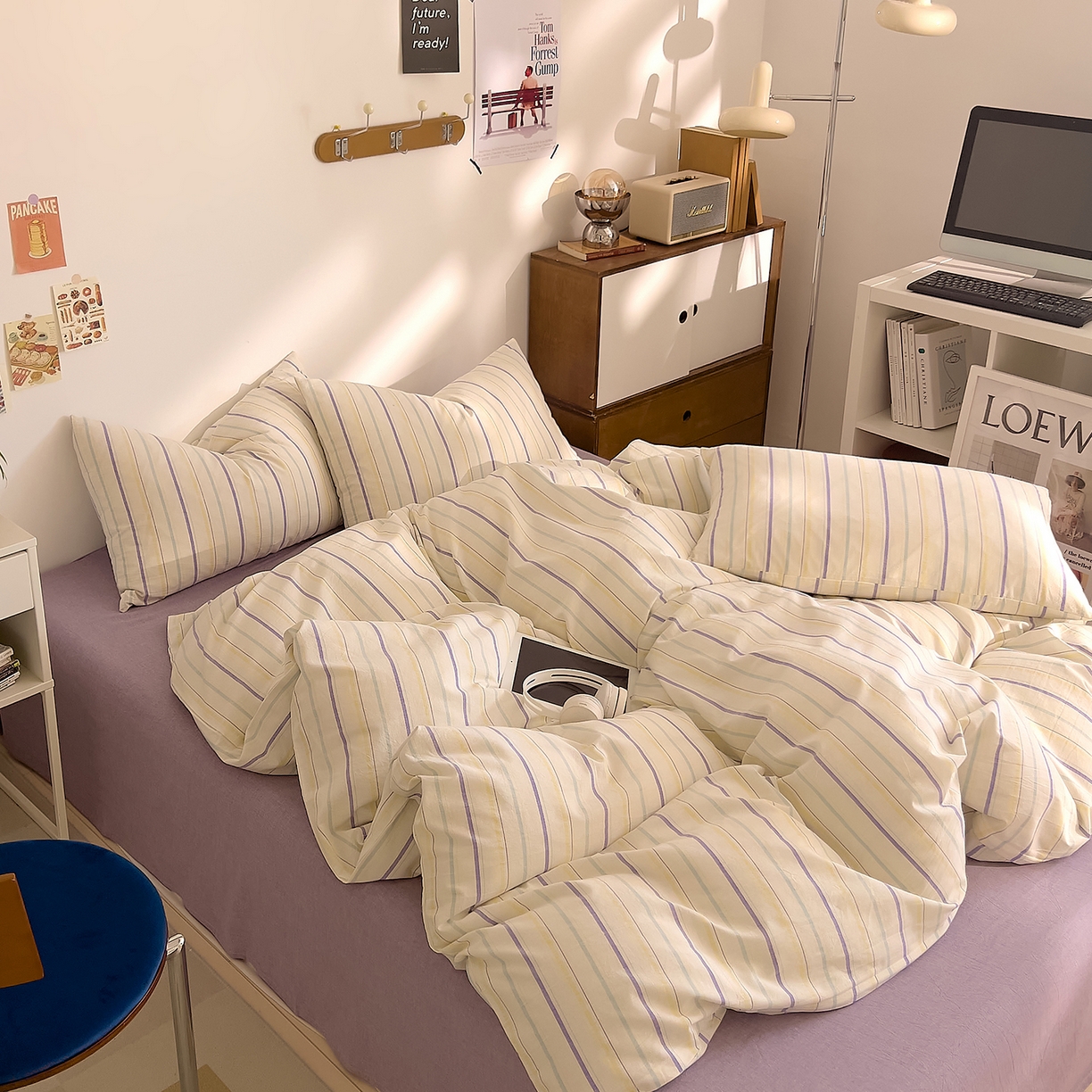 91家纺网 家纺一手货源 找家纺 DoDo 兜兜 2026新款全棉纯棉A类条格水洗棉四件套-可定做尺寸 且乐-紫