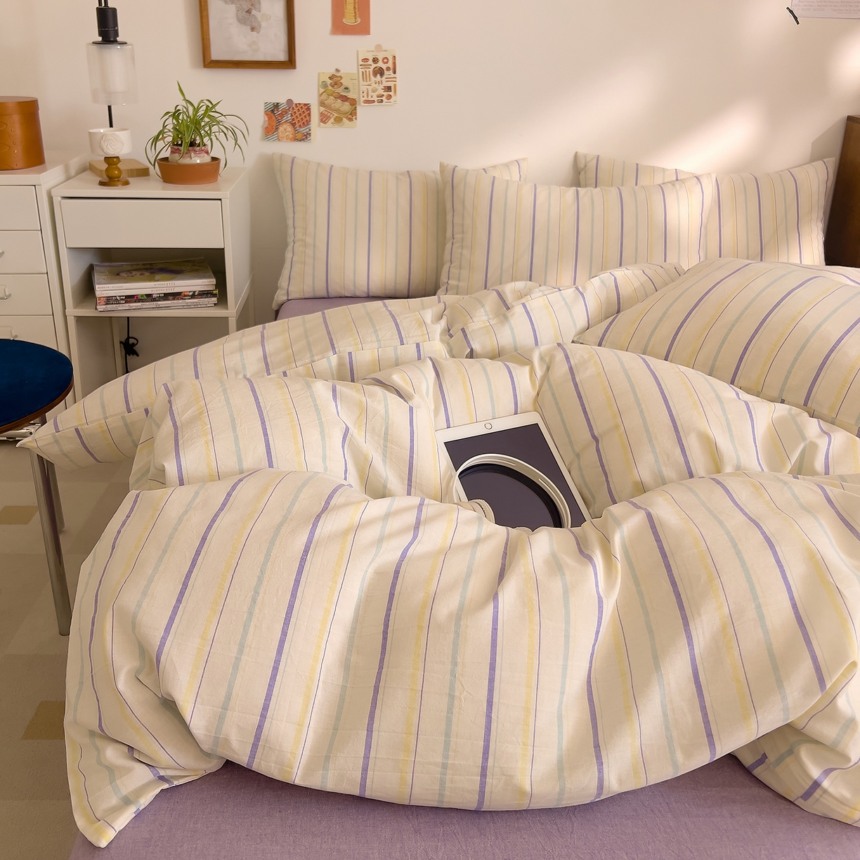 91家纺网 家纺一手货源 找家纺 DoDo 兜兜 2026新款全棉纯棉A类条格水洗棉四件套-可定做尺寸 且乐-紫