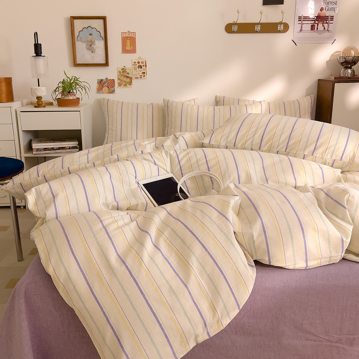 91家纺网 家纺一手货源 找家纺 DoDo 兜兜 2026新款全棉纯棉A类条格水洗棉单被套被套单件-可定做尺寸 且乐-紫