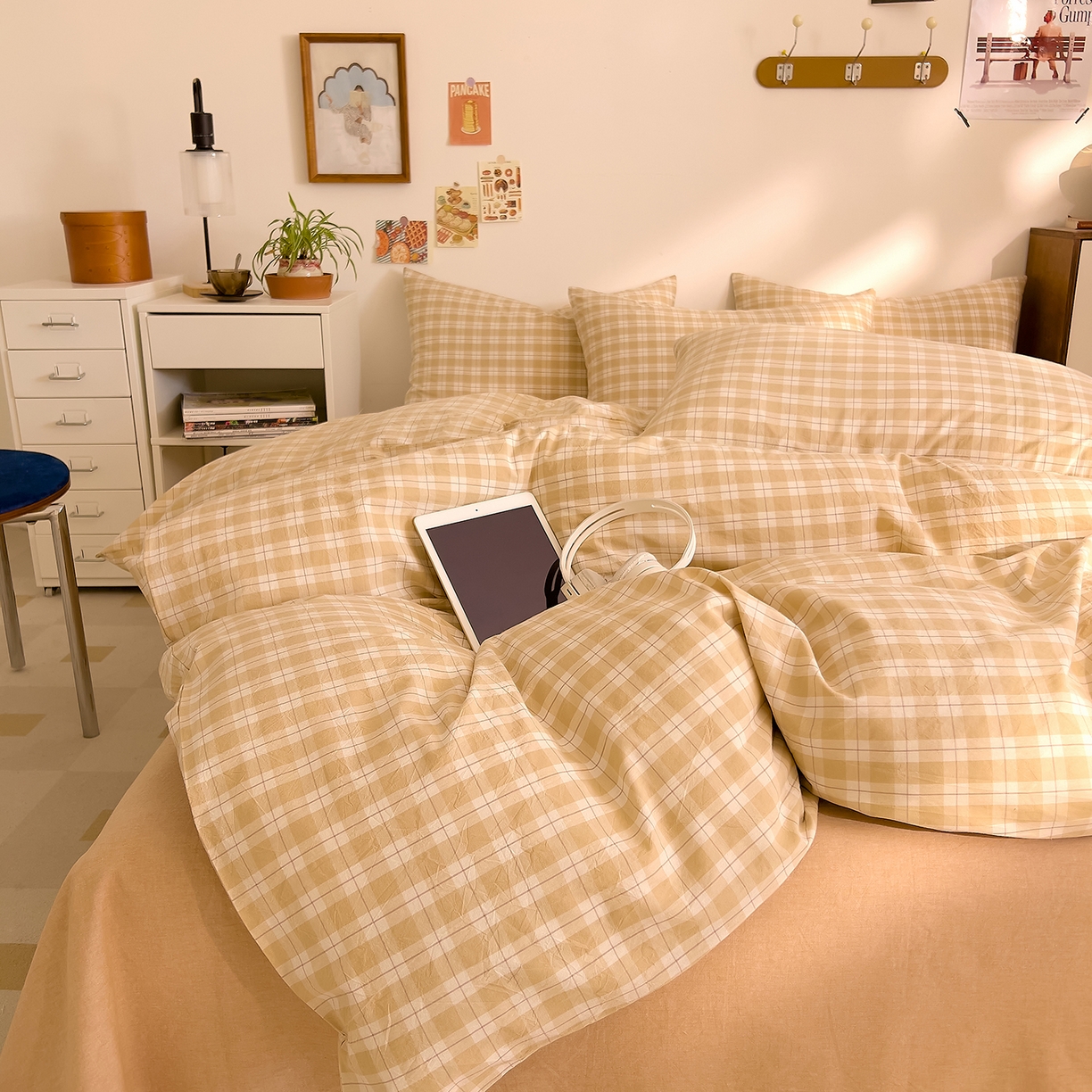 91家纺网 家纺一手货源 找家纺 DoDo 兜兜 2026新款全棉纯棉A类条格水洗棉单被套被套单件-可定做尺寸 半棠-卡其