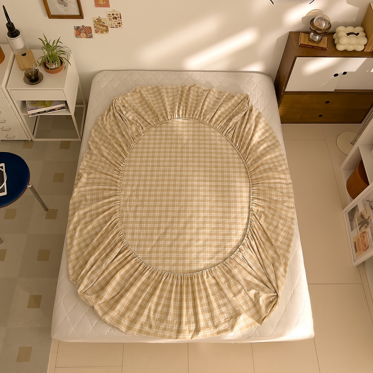 91家纺网 家纺一手货源 找家纺 DoDo 兜兜 2026新款全棉纯棉A类条格水洗棉单床笠床笠单件-可定做尺寸 半棠-卡其