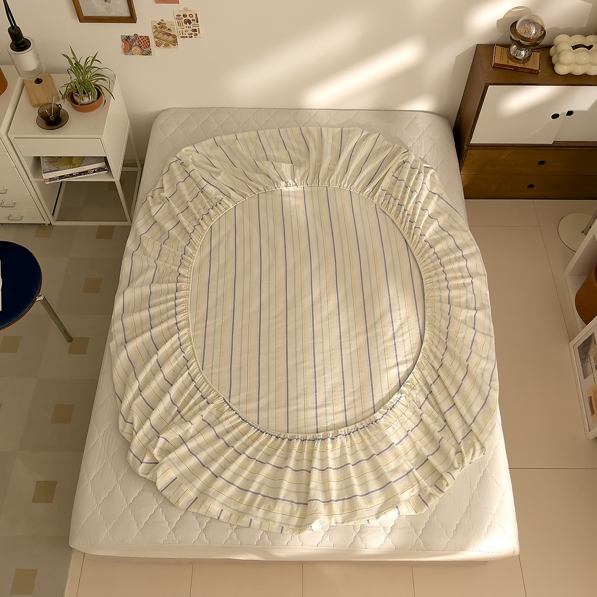 91家纺网 家纺一手货源 找家纺 DoDo 兜兜 2026新款全棉纯棉A类条格水洗棉单床笠床笠单件-可定做尺寸 且乐-紫