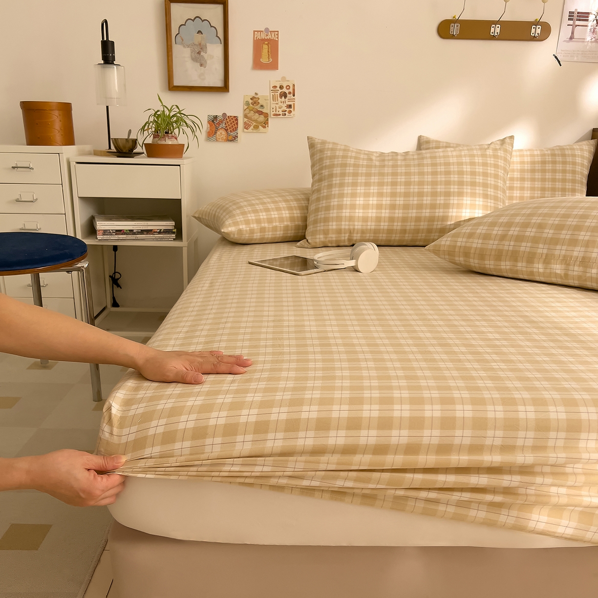 91家纺网 家纺一手货源 找家纺 DoDo 兜兜 2026新款全棉纯棉A类条格水洗棉单床笠床笠单件-可定做尺寸 半棠-卡其