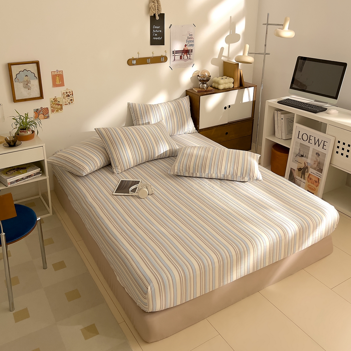 91家纺网 家纺一手货源 找家纺 DoDo 兜兜 2026新款全棉纯棉A类条格水洗棉单床笠床笠单件-可定做尺寸 左岸-蓝