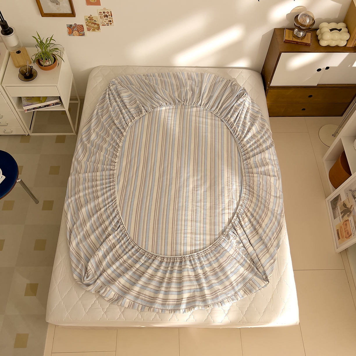 91家纺网 家纺一手货源 找家纺 DoDo 兜兜 2026新款全棉纯棉A类条格水洗棉单床笠床笠单件-可定做尺寸 左岸-蓝