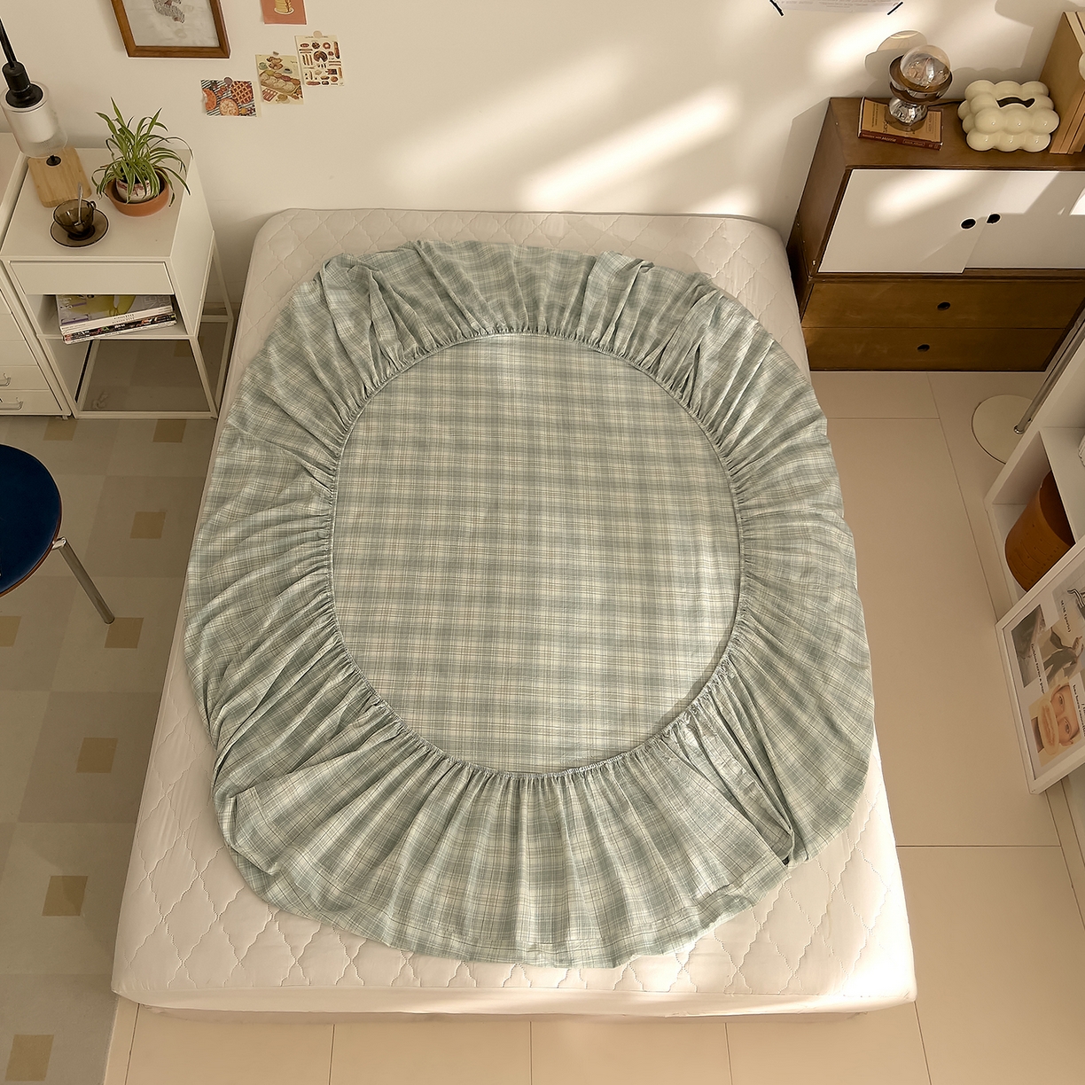 91家纺网 家纺一手货源 找家纺 DoDo 兜兜 2026新款全棉纯棉A类条格水洗棉单床笠床笠单件-可定做尺寸 可可奈-天青