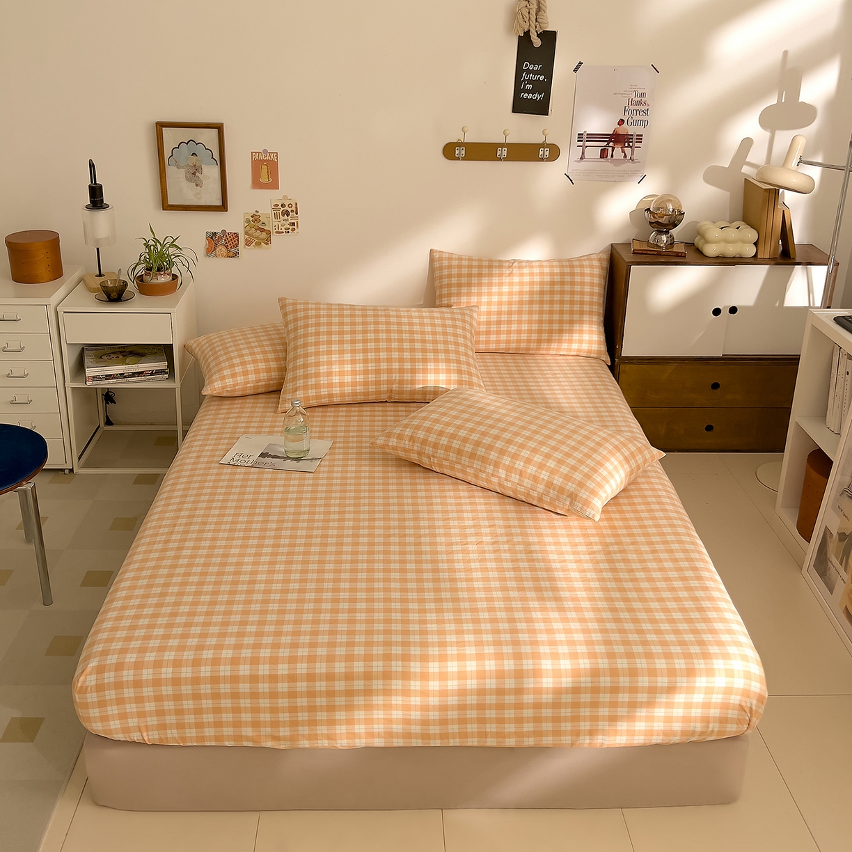 91家纺网 家纺一手货源 找家纺 DoDo 兜兜 2026新款全棉纯棉A类条格水洗棉单床笠床笠单件-可定做尺寸 半棠-桔