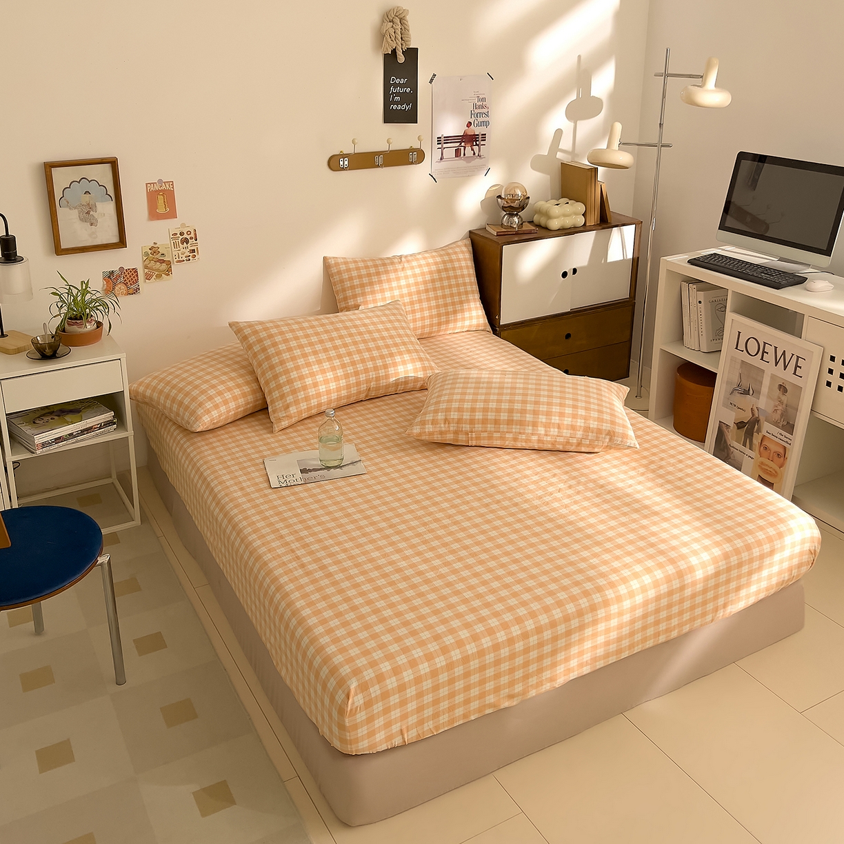 91家纺网 家纺一手货源 找家纺 DoDo 兜兜 2026新款全棉纯棉A类条格水洗棉单床笠床笠单件-可定做尺寸 半棠-桔