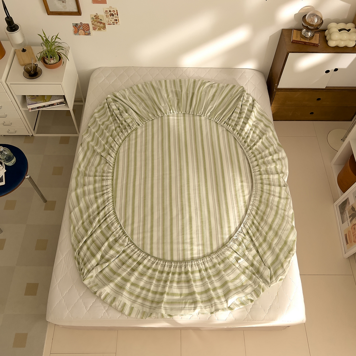 91家纺网 家纺一手货源 找家纺 DoDo 兜兜 2026新款全棉纯棉A类条格水洗棉单床笠床笠单件-可定做尺寸 左岸-绿