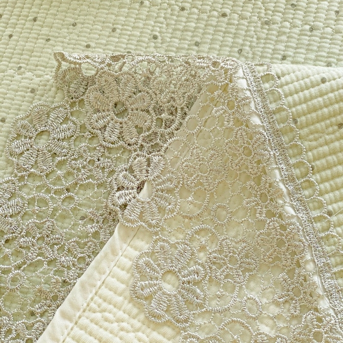 91家纺网 家纺一手货源 找家纺 栩裕纺织 2026新款全棉双层纱棉花边榻榻米炕盖款 波点绿