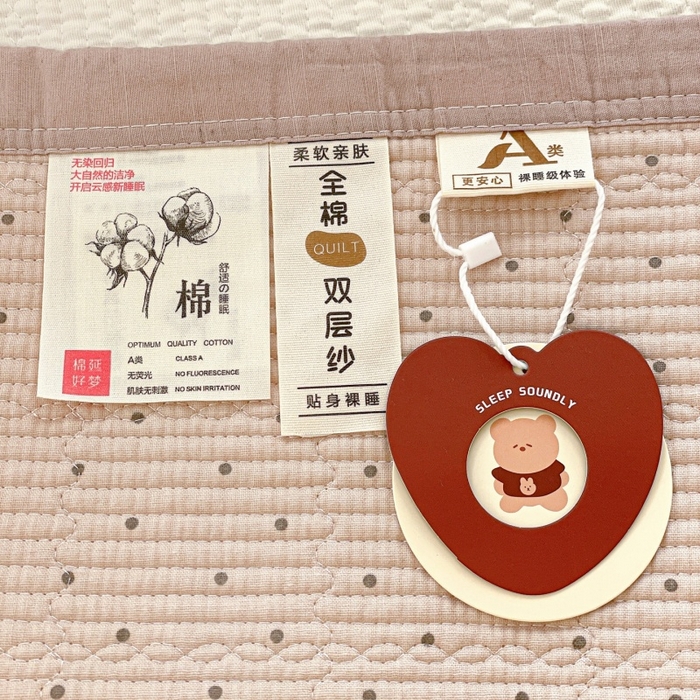 91家纺网 家纺一手货源 找家纺 栩裕纺织 2026新款全棉双层纱棉花边榻榻米炕盖款 波点杏