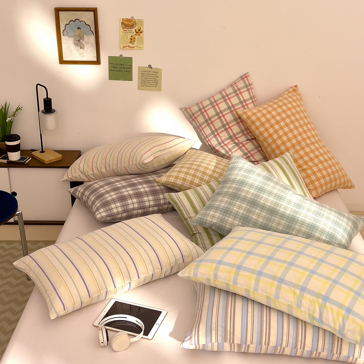 91家纺网 家纺一手货源 找家纺 （总）DoDo 兜兜 2026新款全棉纯棉A类条格水洗棉单枕套枕套单件-可定做尺寸