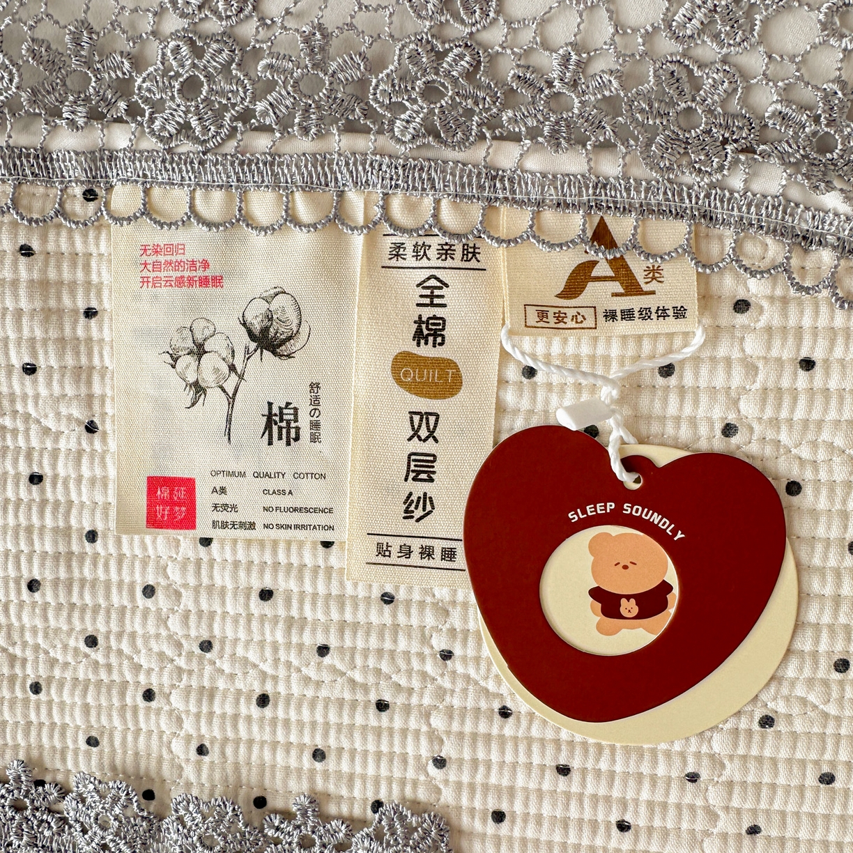 91家纺网 家纺一手货源 找家纺 栩裕纺织 2026新款全棉双层纱梅花边床盖 波点-白色