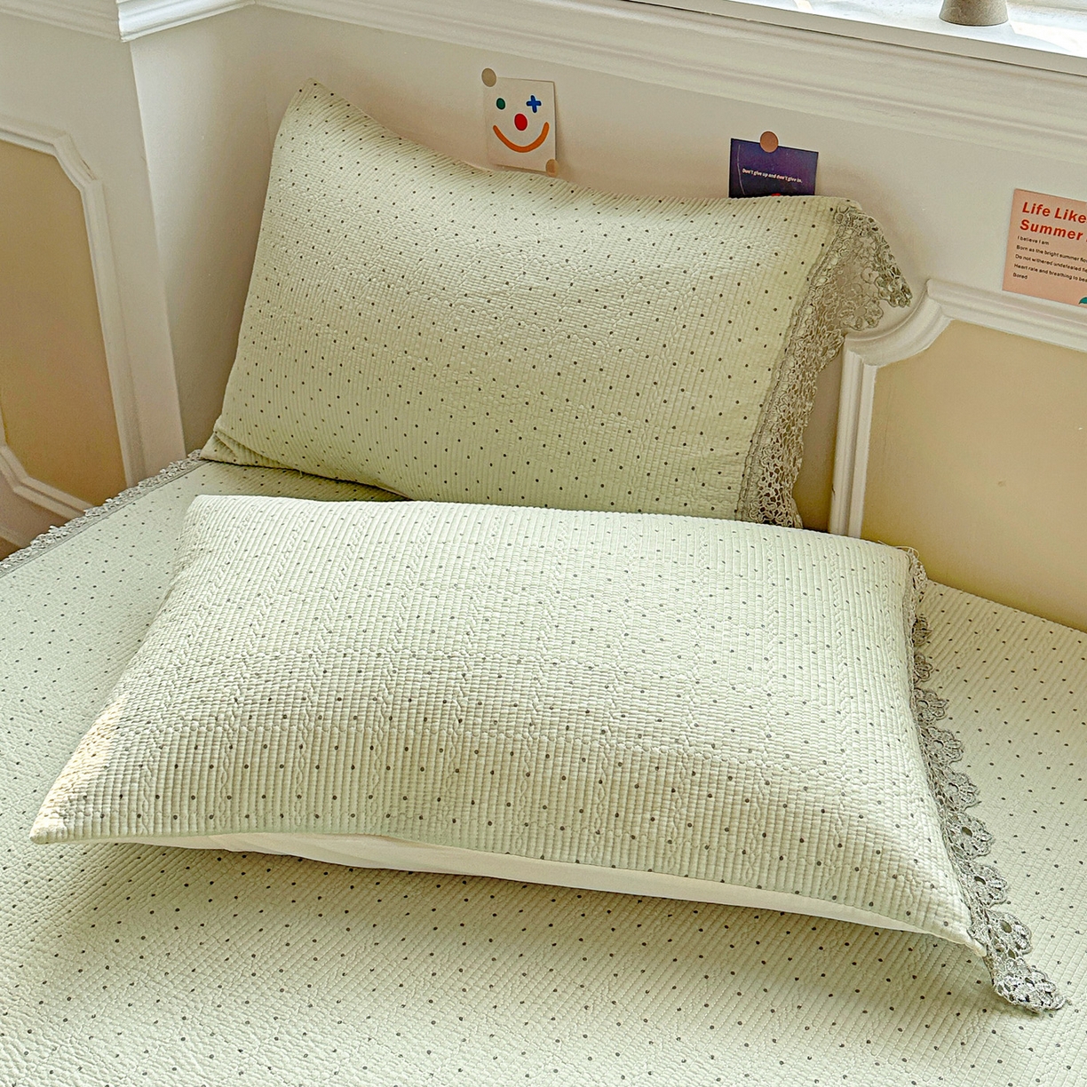 91家纺网 家纺一手货源 找家纺 栩裕纺织 2026新款全棉双层纱梅花边床盖 波点-绿色