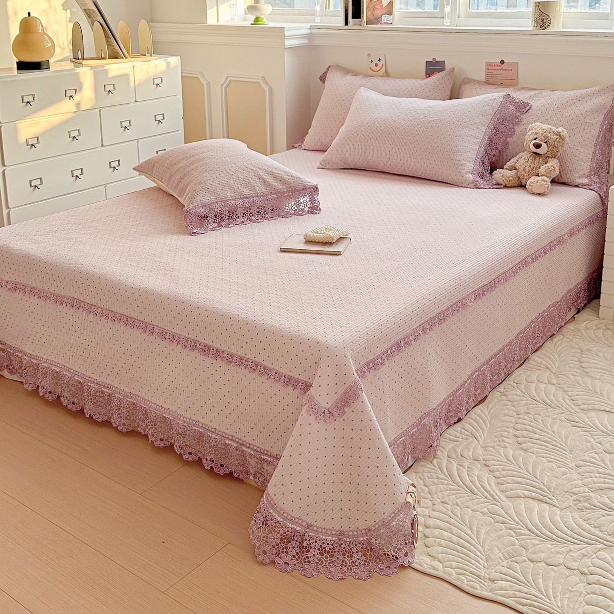 91家纺网 家纺一手货源 找家纺 栩裕纺织 2026新款全棉双层纱梅花边床盖 波点-紫色