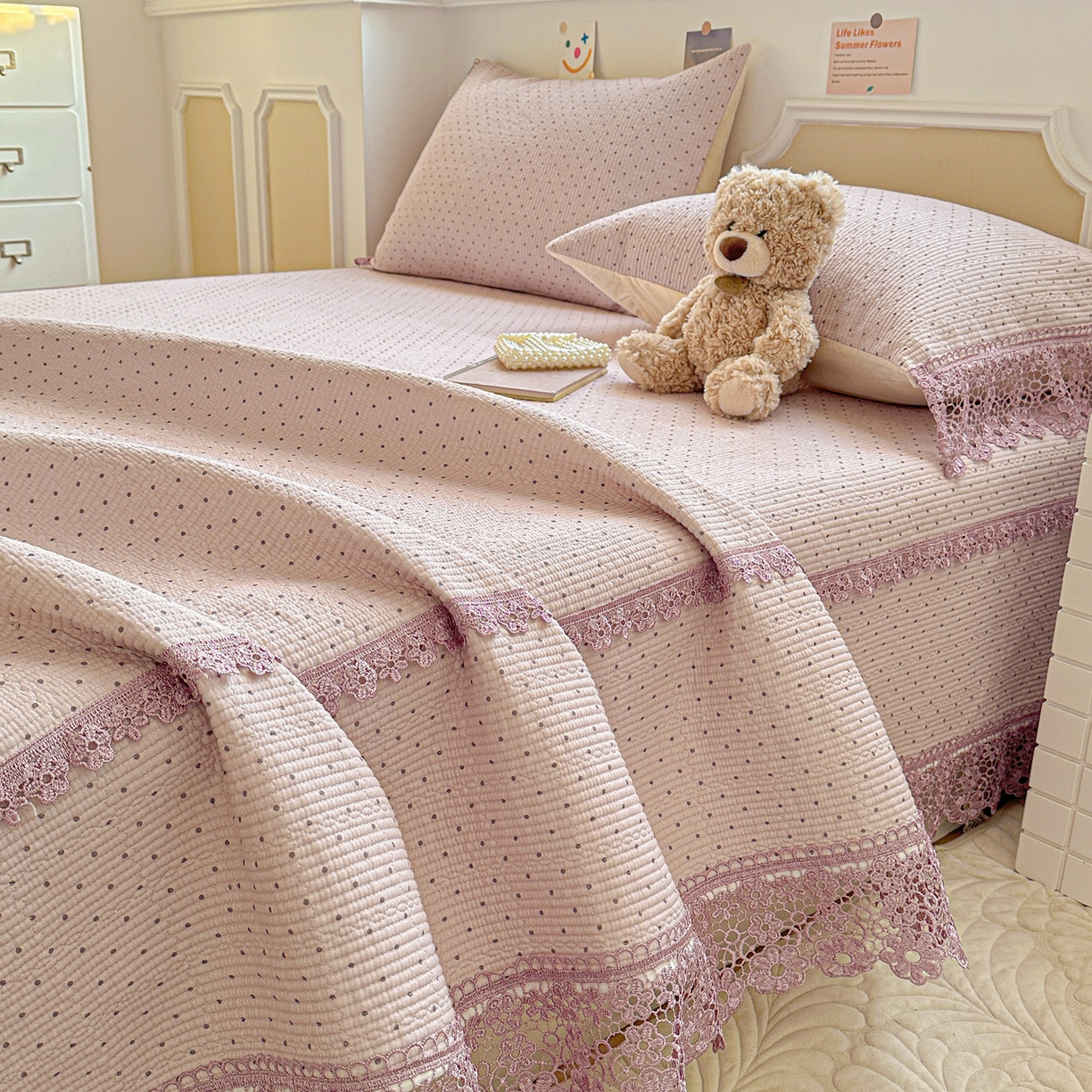 91家纺网 家纺一手货源 找家纺 栩裕纺织 2026新款全棉双层纱梅花边床盖 波点-紫色