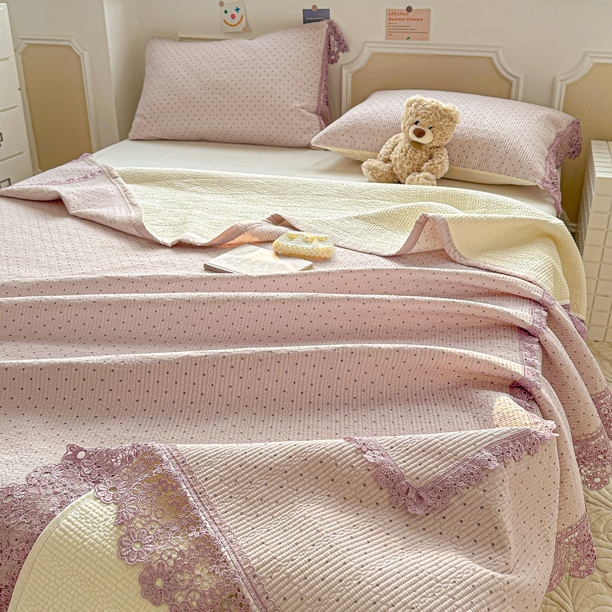 91家纺网 家纺一手货源 找家纺 栩裕纺织 2026新款全棉双层纱梅花边床盖 波点-紫色