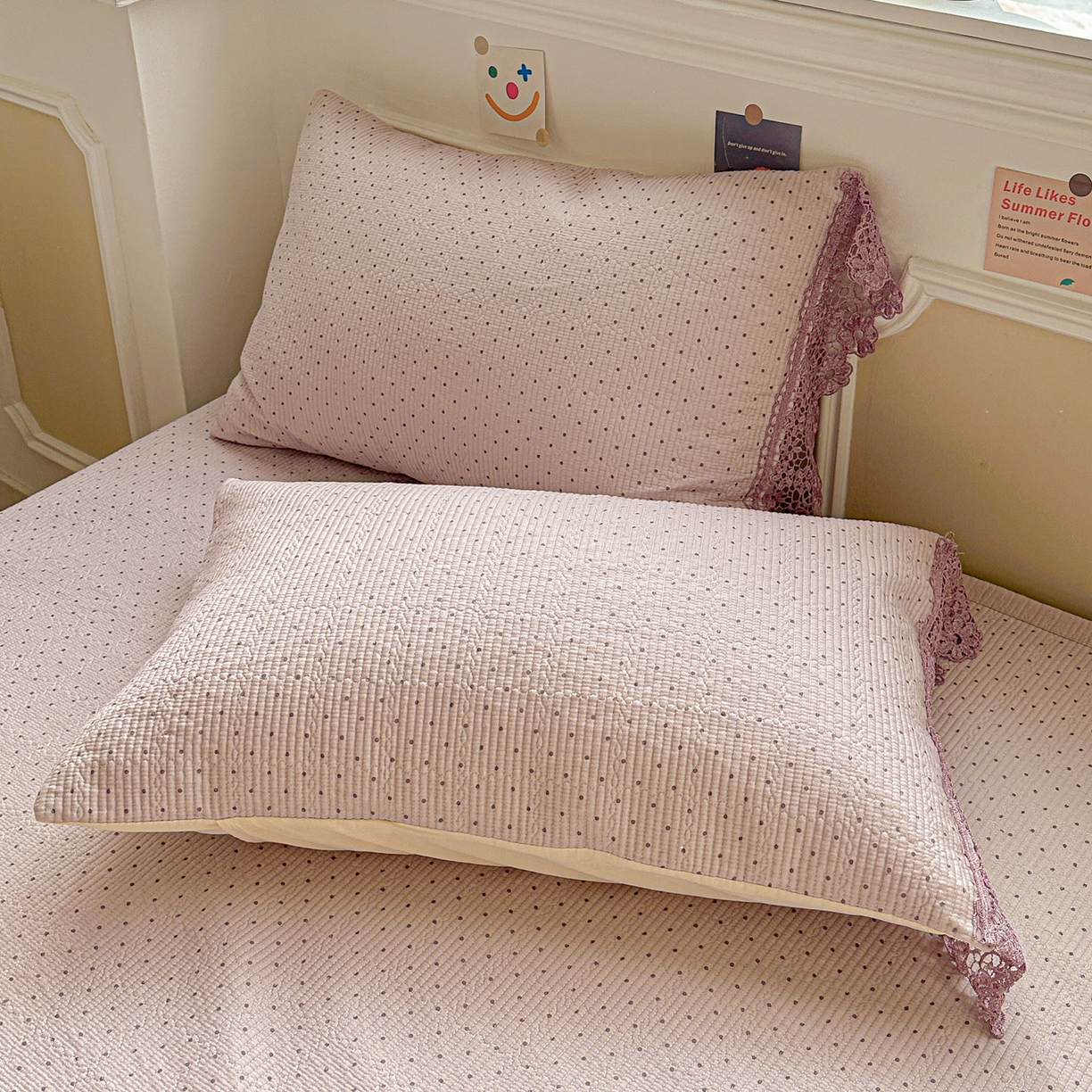 91家纺网 家纺一手货源 找家纺 栩裕纺织 2026新款全棉双层纱梅花边床盖 波点-紫色