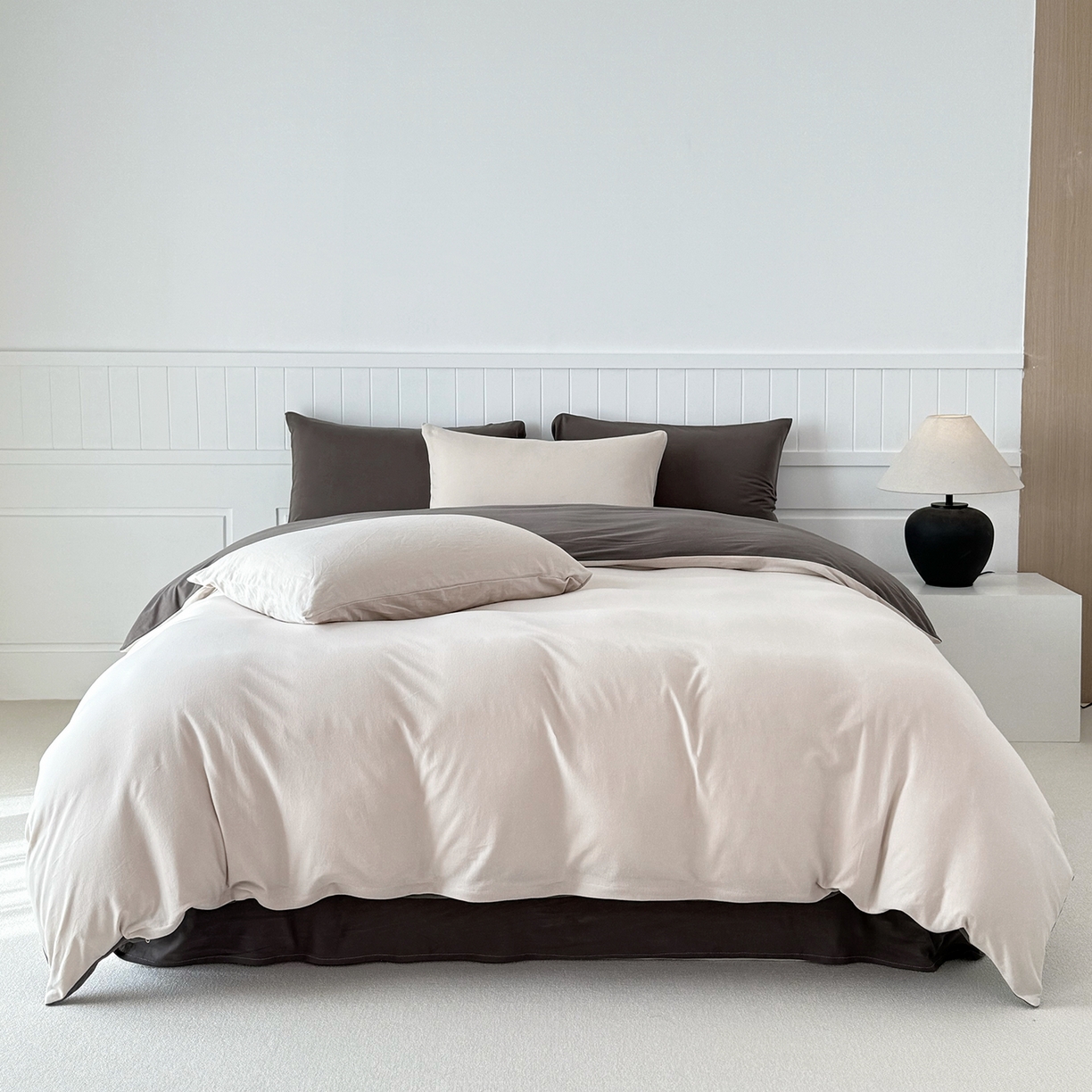 91家纺网 家纺一手货源 找家纺 锦罗绣 2026年全棉纯棉针织棉螺旋纱四件套 单被套定制任意尺寸 针织棉-米白灰