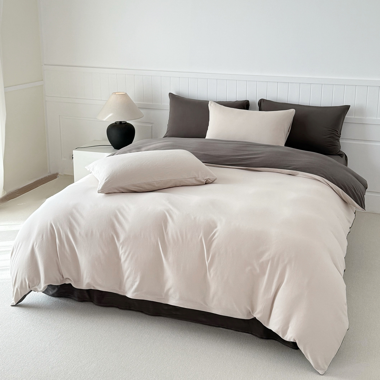 91家纺网 家纺一手货源 找家纺 锦罗绣 2026年全棉纯棉针织棉螺旋纱四件套 单被套定制任意尺寸 针织棉-米白灰