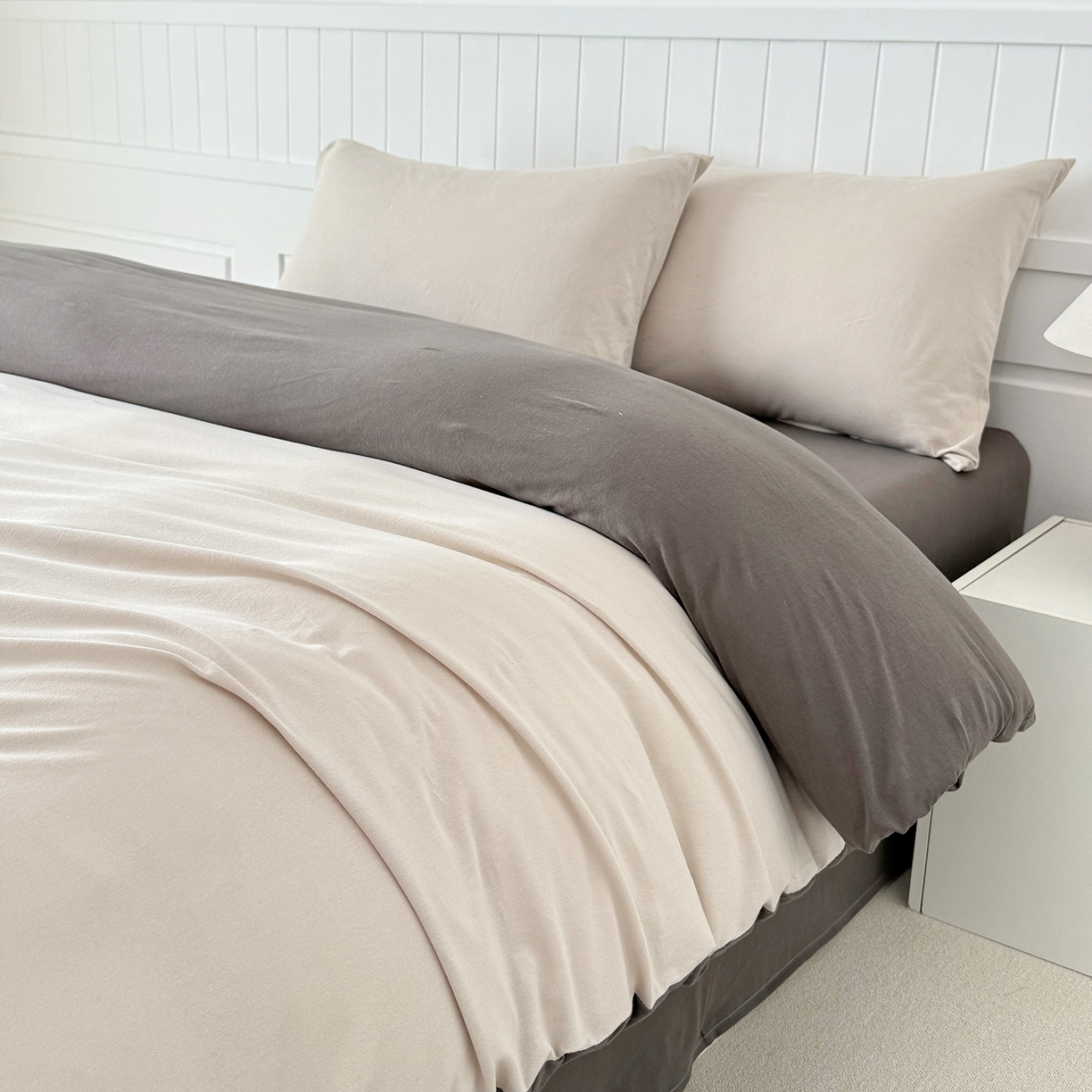 91家纺网 家纺一手货源 找家纺 锦罗绣 2026年全棉纯棉针织棉螺旋纱四件套 单被套定制任意尺寸 针织棉-米白灰