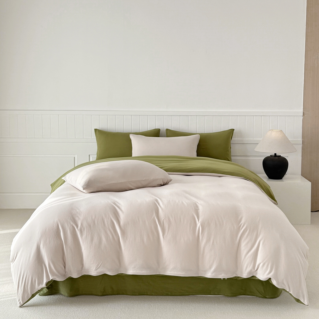 91家纺网 家纺一手货源 找家纺 锦罗绣 2026年全棉纯棉针织棉螺旋纱四件套 单被套定制任意尺寸 针织棉-米白绿