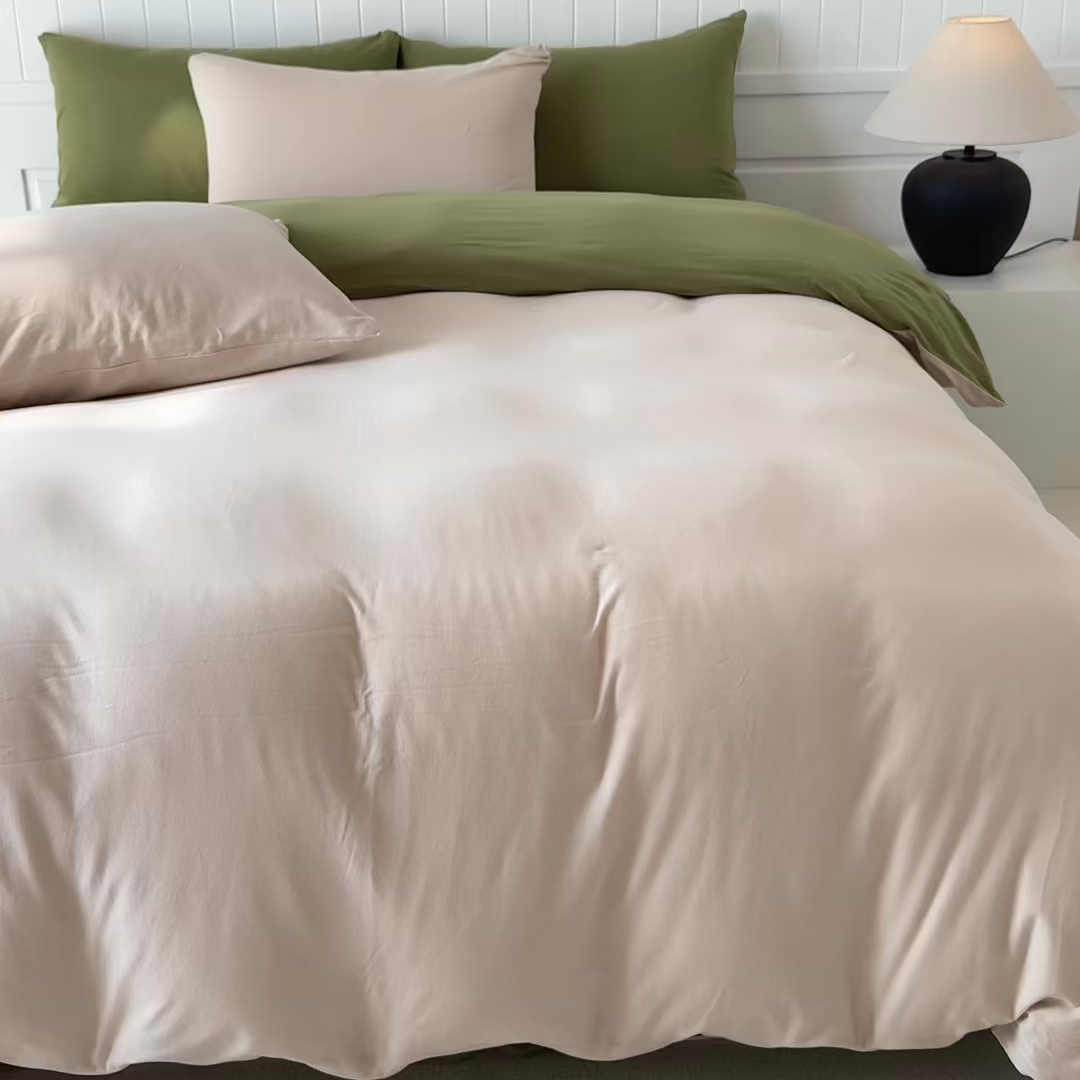 91家纺网 家纺一手货源 找家纺 锦罗绣 2026年全棉纯棉针织棉螺旋纱四件套 单被套定制任意尺寸 针织棉-米白绿