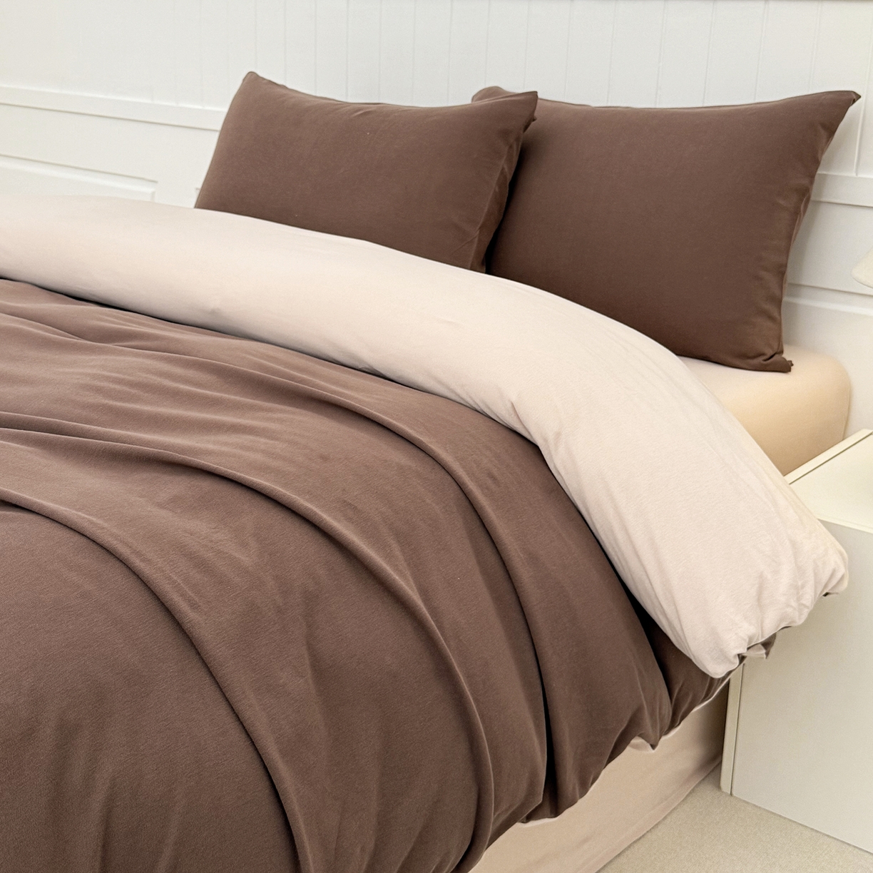 91家纺网 家纺一手货源 找家纺 锦罗绣 2026年全棉纯棉针织棉螺旋纱四件套 单被套定制任意尺寸 针织棉-深咖白