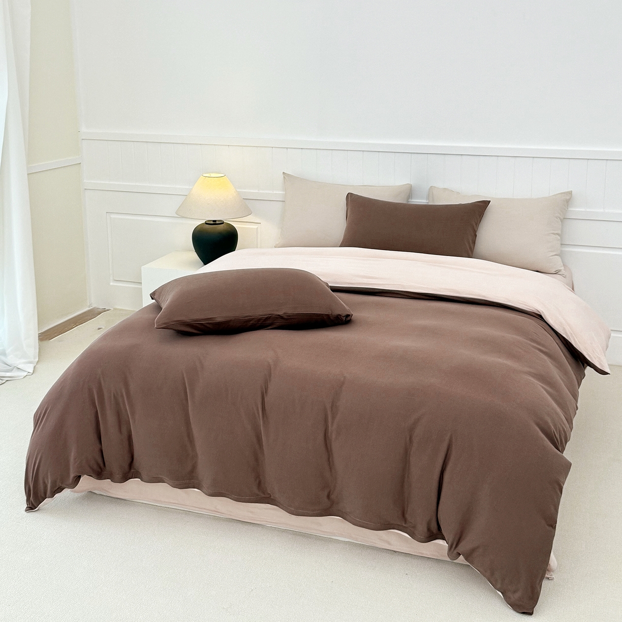 91家纺网 家纺一手货源 找家纺 锦罗绣 2026年全棉纯棉针织棉螺旋纱四件套 单被套定制任意尺寸 针织棉-深咖白