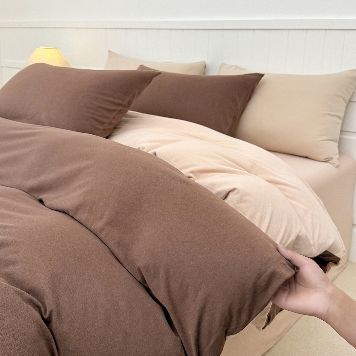 91家纺网 家纺一手货源 找家纺 锦罗绣 2026年全棉纯棉针织棉螺旋纱四件套 单被套定制任意尺寸 针织棉-深咖白