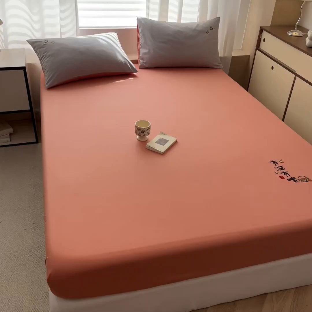 91家纺网 家纺一手货源 找家纺 泽西家纺+V17798841158发大图 2026新品A类13376治愈系国风刺绣纯棉床笠全棉床笠枕套三件套 国风-西柚橙