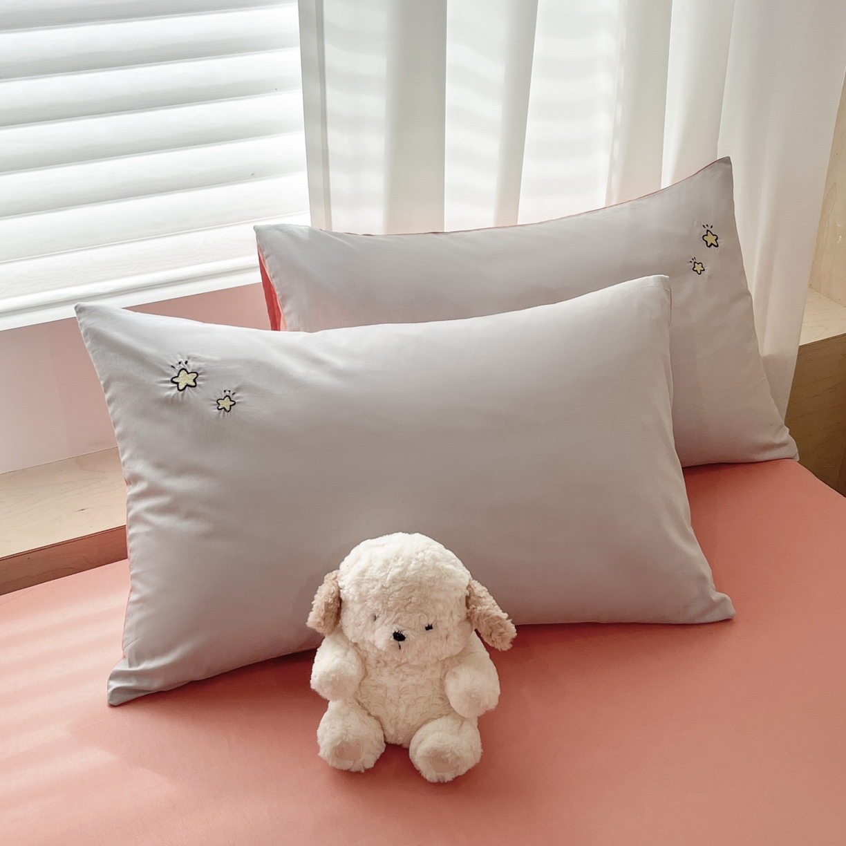 泽西家纺+V17798841158发大图 2026新品全棉13376刺绣简约星星枕套 银灰+西柚橙