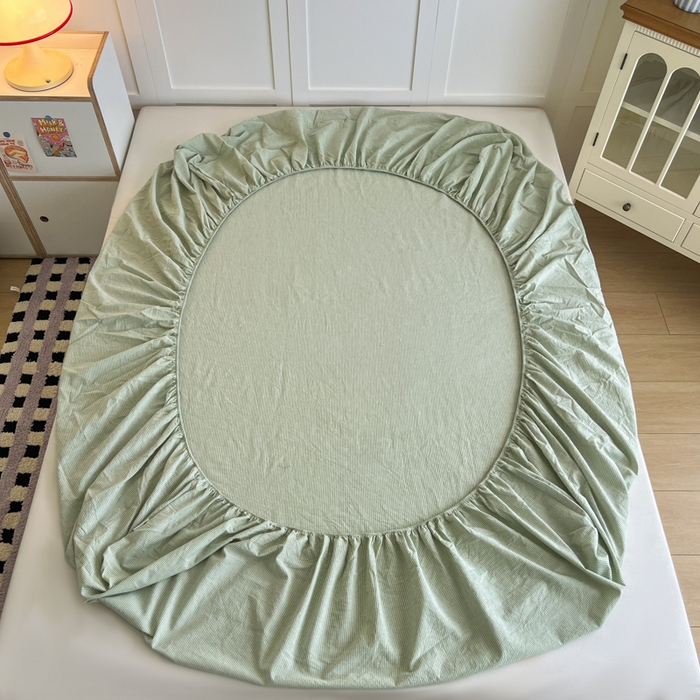 91家纺网 家纺一手货源 找家纺 佳笠家居 2026年新款kimi熊a类全棉色织水洗棉大尺寸单床笠 果绿小条