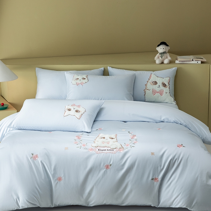 91家纺网 家纺一手货源 找家纺 （总）618家纺 2026新款A类100支全棉纯棉绣花四件套-布偶猫