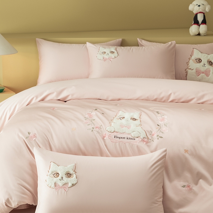 91家纺网 家纺一手货源 找家纺 （总）618家纺 2026新款A类100支全棉纯棉绣花四件套-布偶猫