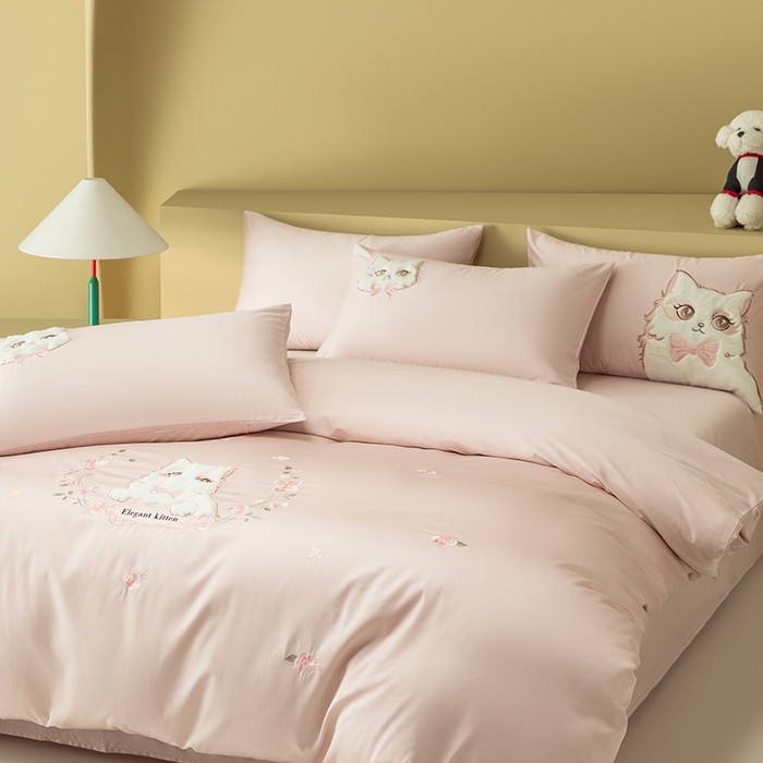 91家纺网 家纺一手货源 找家纺 618家纺 2026新款A类100支全棉纯棉绣花四件套-布偶猫 布偶猫-粉