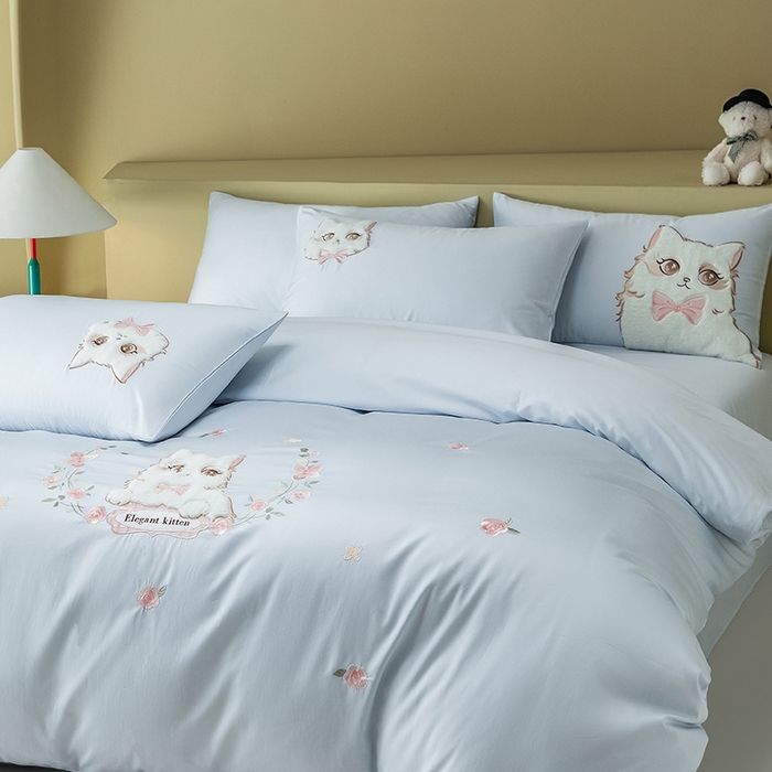 91家纺网 家纺一手货源 找家纺 618家纺 2026新款A类100支全棉纯棉绣花四件套-布偶猫 布偶猫-蓝