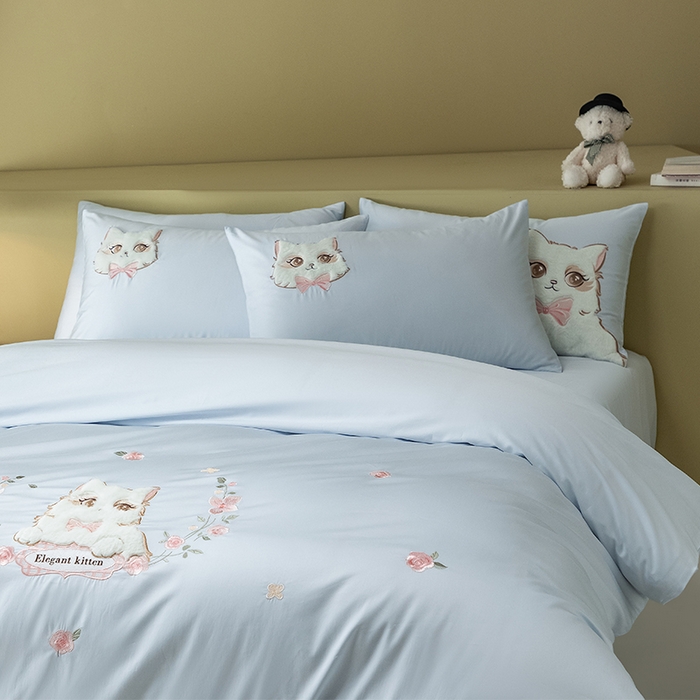 91家纺网 家纺一手货源 找家纺 618家纺 2026新款A类100支全棉纯棉绣花四件套-布偶猫 布偶猫-蓝