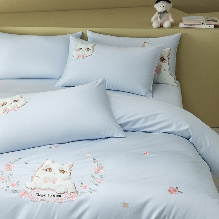 91家纺网 家纺一手货源 找家纺 618家纺 2026新款A类100支全棉纯棉绣花四件套-布偶猫 布偶猫-蓝