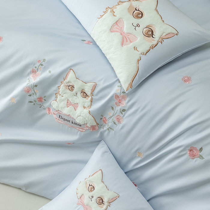 91家纺网 家纺一手货源 找家纺 618家纺 2026新款A类100支全棉纯棉绣花四件套-布偶猫 布偶猫-蓝