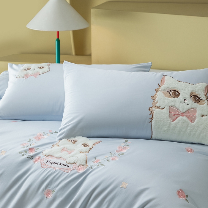 91家纺网 家纺一手货源 找家纺 618家纺 2026新款A类100支全棉纯棉绣花四件套-布偶猫 布偶猫-蓝