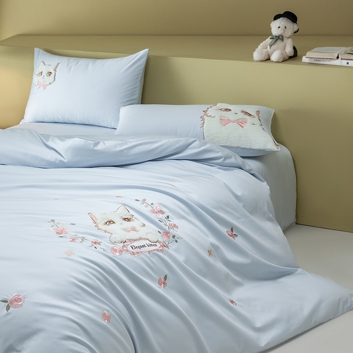 91家纺网 家纺一手货源 找家纺 618家纺 2026新款A类100支全棉纯棉绣花四件套-布偶猫 布偶猫-蓝