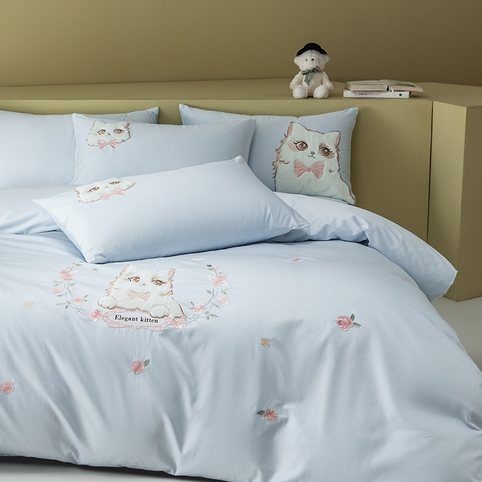 91家纺网 家纺一手货源 找家纺 618家纺 2026新款A类100支全棉纯棉绣花四件套-布偶猫 布偶猫-蓝