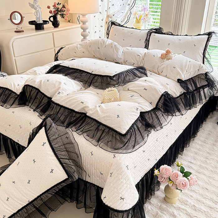 91家纺网 家纺一手货源 找家纺 韩约家纺 2026新款法式双层蕾丝花边古法棉感四件套 浅浅